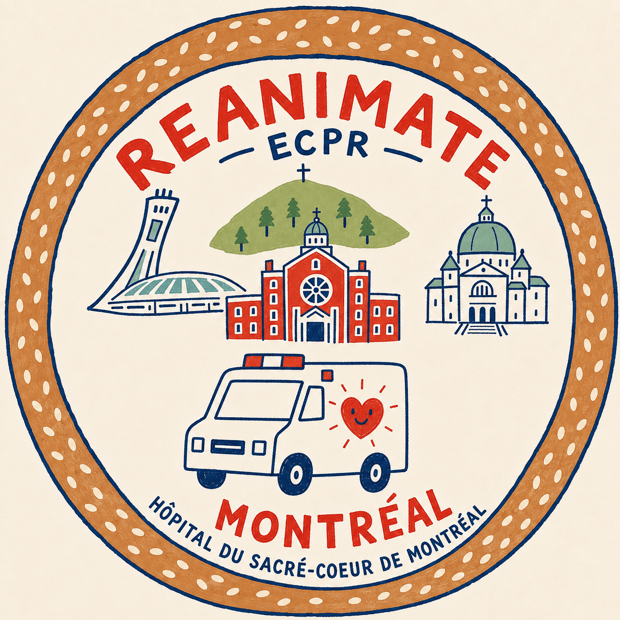 REANIMATE ECPR Montréal emblem, with Montréal landmarks and an ambulance, encircled by a bagel