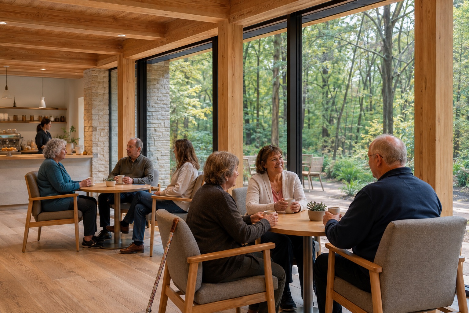 Architectural concept of a welcoming timber community café where people of different ages talk around shared tables beside tall windows