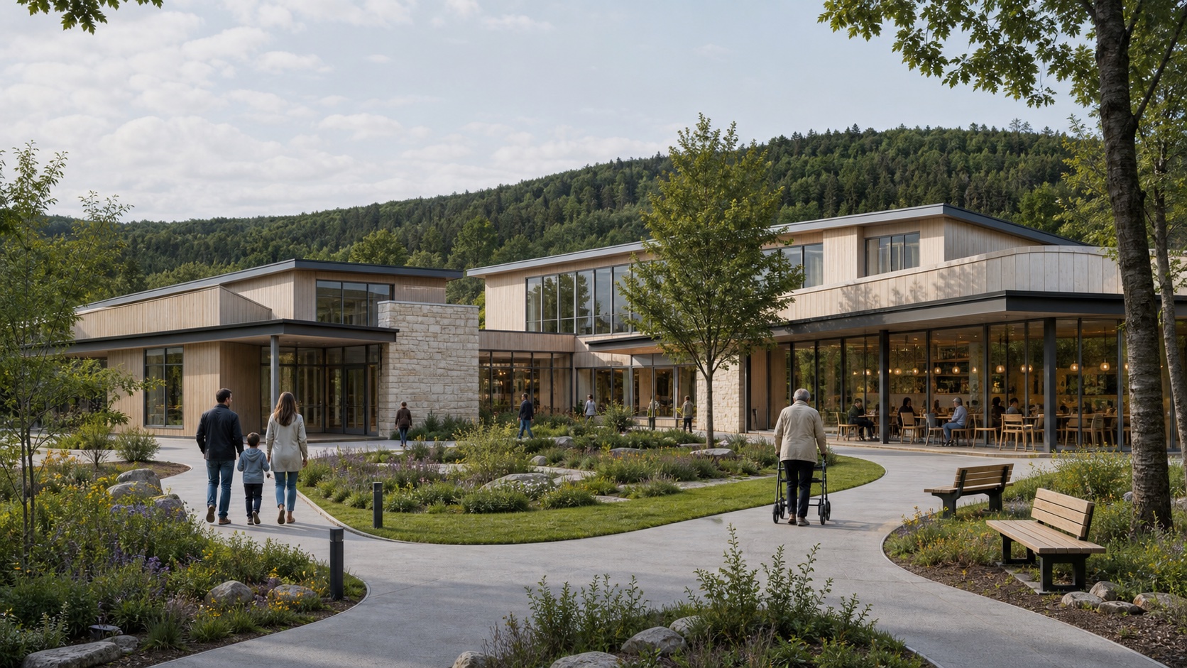 Architectural concept of a public healthcare pavilion with timber and stone, broad windows, an accessible courtyard garden and walking paths