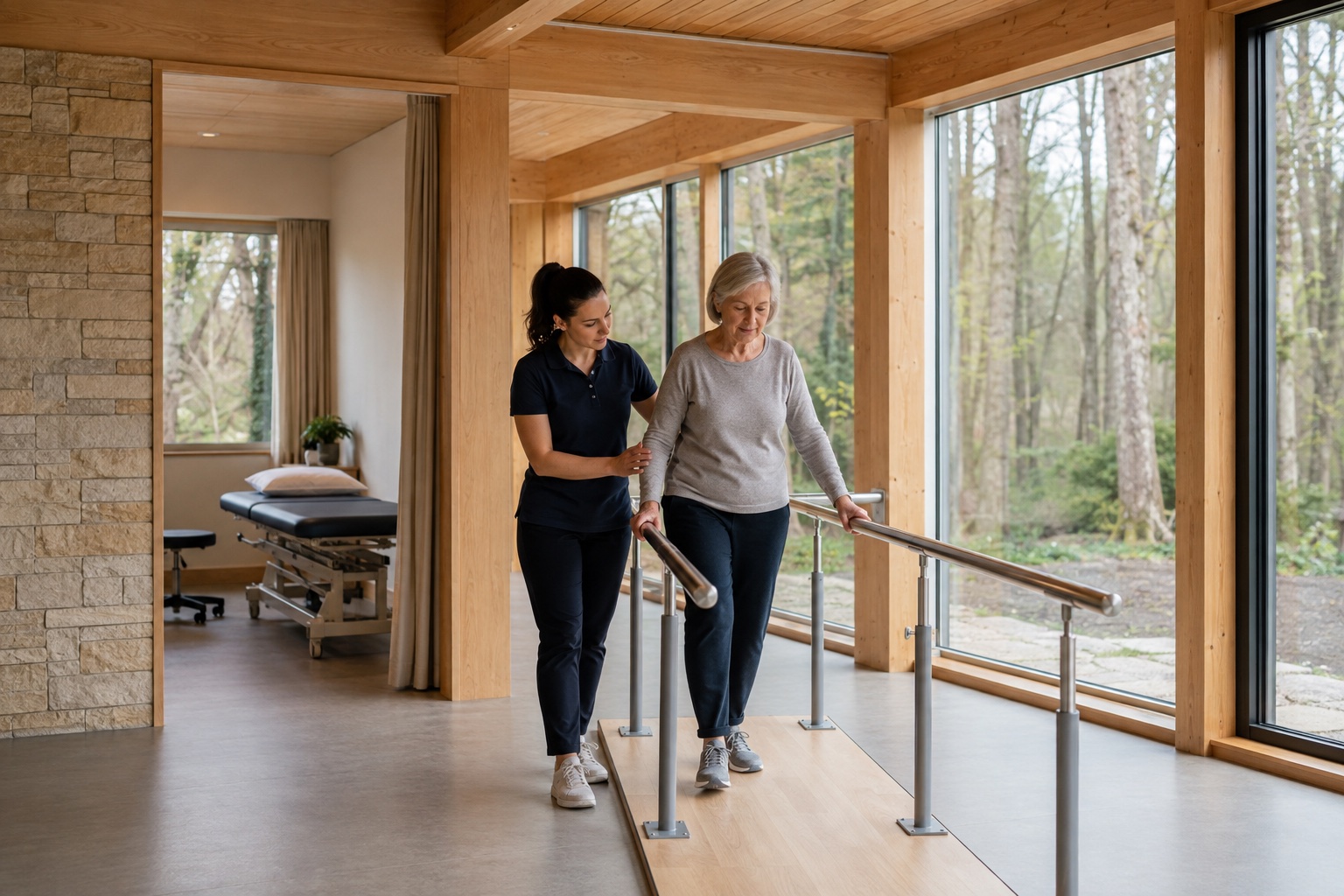 Architectural concept of a separate physiotherapy room with parallel bars, a therapist helping an older adult, pale timber and natural light